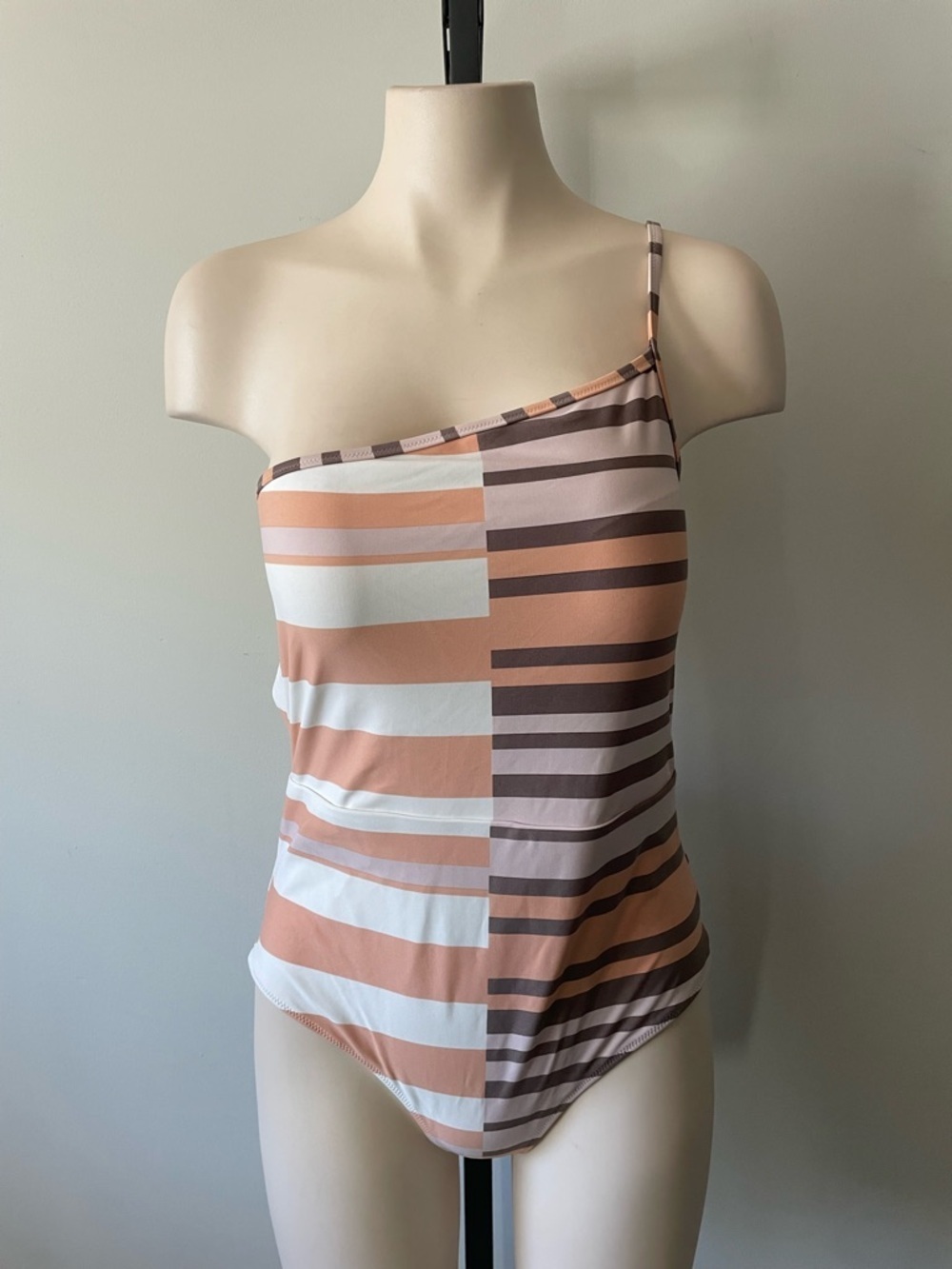 Aerie One Shoulder Striped One Piece Swimsuit Strappy Self Tie Size Large